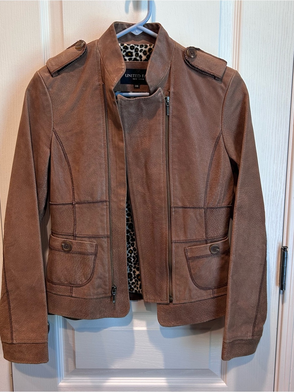 United Face Women’s Leather Double Zip Camel Brown Leopard Lined Moto Jacket XS